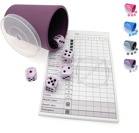 DiceCupFlex - Flexibler Würfelbecher mit Deckel inkl. 5 Würfel und Würfelblock, Spielblock - Made in Germany (Lila)
