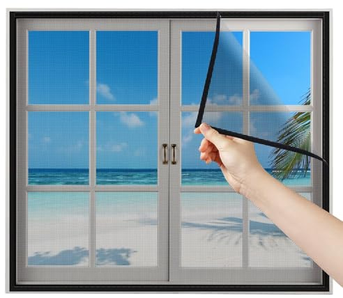 Insektenschutz Fenster mit selbstklebendem doppelseitigem Klebeband 110x160cm mit Starker Selbstklebender Klettband für Balkontür Wohnzimmer Terrassentür Schwingtür, Schwarz