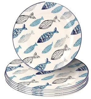 Keyhomestore - Juego de 6 Platos de Cerámica Decorativos Con Motivo de Peces, Azul y Gris, Fondo Blanco - Ideales para Servir Segundos, Diámetro 28 cm