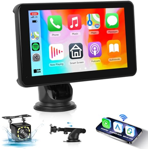 Carplay Bildschirm mit Wireless Carplay Android Auto, Radio 7 Zoll Touchscreen mit Rückfahrkamera, Hodozzy Tragbares Autoradio mit Bluetooth, Superlink, OTA, Mirrorlink, FM, Digitaler Media Receiver