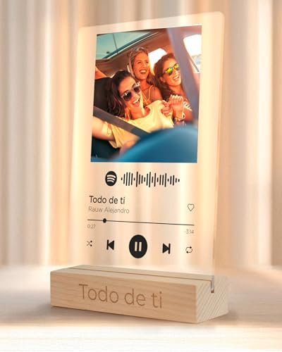REGALOCREATIVO Placa Spotify Personalizada. Texto en Color Negro 15x22 cm. Cuadro en Metacrilato con Base de Madera. Canción, Texto e Imagen. Regalos Originales Ideales