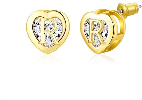 Herz Initial Ohrstecker 14K Gold plattiert CZ Hypoallergen Alphabet Buchstabe Initial Ohrringe Geburtstag Geschenke für Frauen(R)