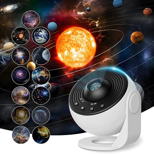 Projecteur de galaxie pour chambre à coucher, projecteur d'étoiles de planétarium 13 en 1 avec système solaire et constellation, veilleuse pour plafond, rotation à 360° avec minuterie, bouton réglable