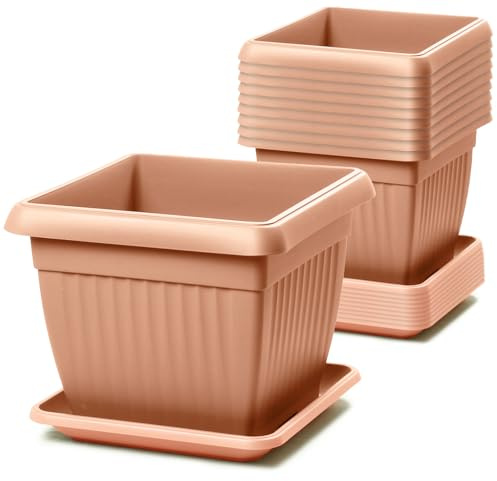 IMJ-Global Set di 10 Vasi e Sottovasi Quadrati Terra in Plastica 24x24x20 cm da Interno Esterno Colore Terracotta Design Classici