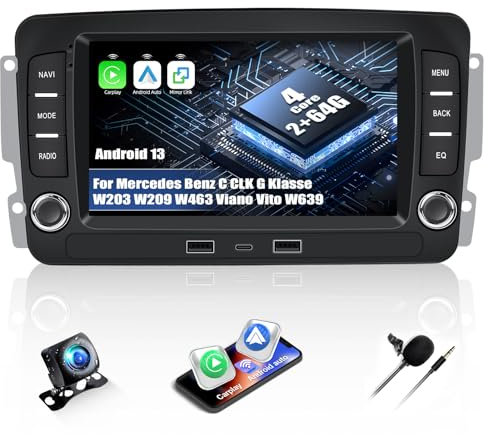 2G+64G CAMECHO Android 13 Radio para Mercedes Benz C CLK G Klasse W203 W209 W463 Viano Vito W639 con Navi Carplay Android Auto,2 DIN Radio mit 7‘’ Pantalla con Bluetooth FM/RDS +HD Cámara Trasera