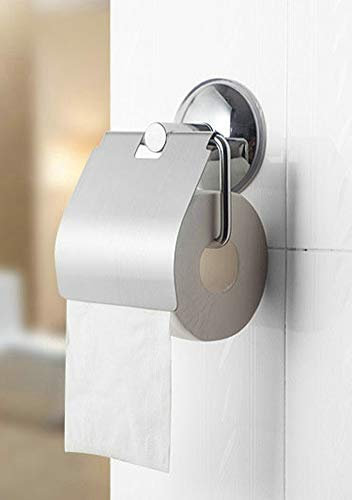 Toilet Paper Roll Holder Wall Mount No Drilling Paper Roll Holder, Stainless Steel Sucker Toilet Tissue Rack L-Shaped Bathroom Paper Holder,with Cover