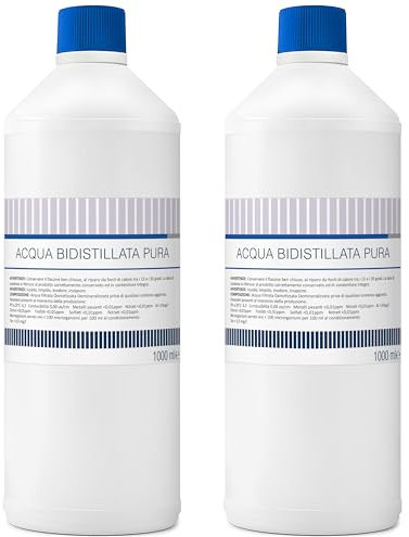 Acqua Bidistillata pura per uso clinico ed industriale 2 flaconi da 1 litro, Distillata due volte, Demineralizzata, Made in Italy