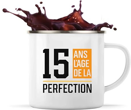 Tasse Métal 15 ans l'age de la perfection | Mug | Idée Tasse Personnalisable en Métal Cadeau Anniversaire Camping Fête Original Famille Travail Départ Collègue Retraite Noël.