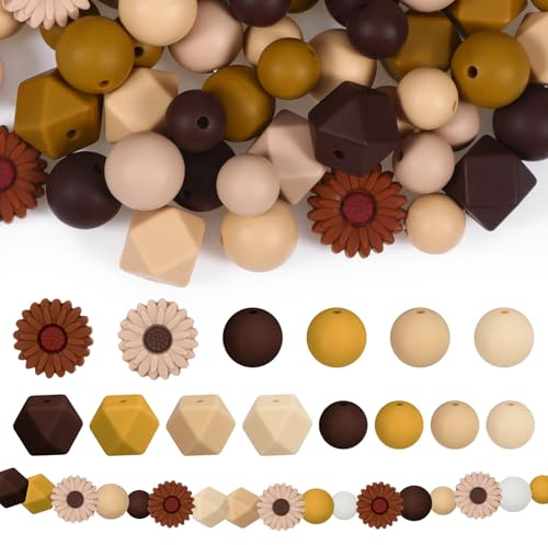 64 Stück Silikonperlen für Armband, Gänseblümchen Silikon Perlen Set mit Nylonseil, Armband Selber Machen Set, Häkel- & Bastelperlen für DIY und Schlüsselanhänger Basteln
