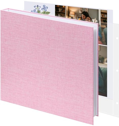 Vienrose Scrapbook 30 x 30 cm Großes Fotoalbum mit 3 Ringen Leineneinband DIY Scrapbook mit 30 Blättern Plastikhüllen 60 Seiten Blanko Weiße Innenseiten für Hochzeit Geburtstag Baby Reisen Rosa
