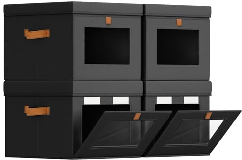 Homsorout Storage Boxes with Lids Side Open Wardrobe Organiser 4 Pcs Black | 26L Fabric Foldable Side Opening Organiser with Handle, Decorative Bakset Bins for Book, Toiletry, Sheet, Clothing, 4 Pack