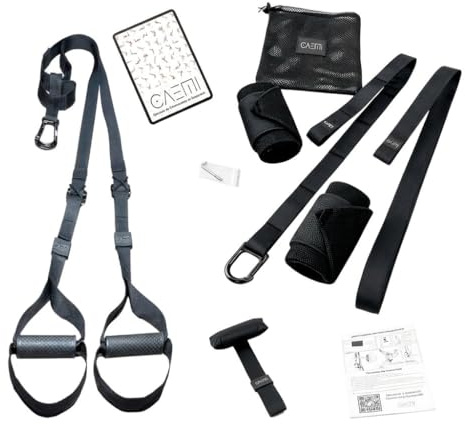 CAEMI Correas de entrenamiento en suspensión, Set con Anclaje Ajustable, Fitness en Casa Adecuado para Viajar y Entrenar en Interiores y Exteriores. Incluye muñequeras para mayor sujeción.