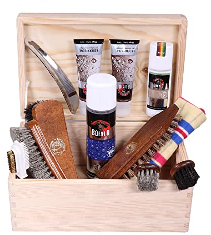 Rosshaar Schuhputzset für Leder 13tlg - Schuhputzkasten Venezia - Rosshaar Tiegelbürste und extra weiche Rosshaarbürste zum polieren - Schuhbürsten Set mit Pferdehaar, Schuhpflegeset