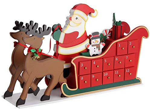 Bakaji Adventskalender aus Holz mit 24 nummerierten Schubladen für Überraschung, Dekorationen für Weihnachten, Haus, (Schlitten und Weihnachtsmann)