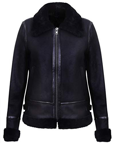Frauen Schwarz Echte WW2 Shearling Schaffell Pilot Radfahrer Jacke