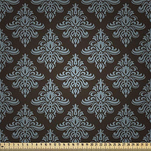 ABAKUHAUS Damast Stoff als Meterware, Klassische Blumenverzierung, Seidiger Satin Stoff Zum benähen von Heimtextilien, 2M (148x200cm), Dunkelbraun und Blau grau