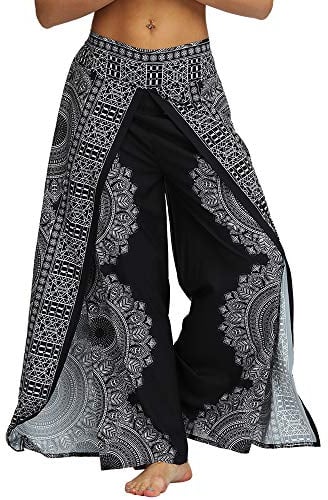 Nuofengkudu Damen Sommerhose Hippie Lange Hosen mit Schlitz Lockere Weites Bein Palazzo Bunt Flowy Yogahose Luftige Leicht Freizeit Sommer Strand Urlaub(Schwarz Floral A,Größe M,Etikett S/M)