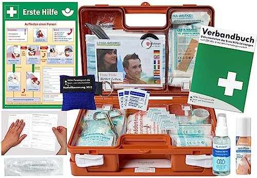 Verbandskoffer/Verbandskasten (K) Typ CSN -Paket 2- Erste Hilfe nach akt. DIN 13157 für Betriebe -DSGVO- INKL. PERFORIERTEM VERBANDBUCH + Hygiene-Gel, Notfallbeatmung & Sprühpflaster + AUSHANG