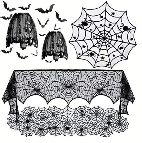 JOERRES 6 Pcs Decoraciones Halloween, Mantel Redondo Encaje, Rectangular Tela Araña Espeluznante, Bufanda Chimenea Pantalla Araña, 12 Pcs Murciélago 3D Aterrador
