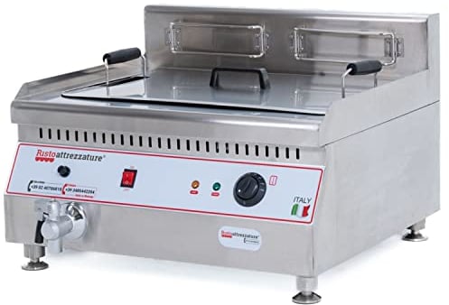Ristoattrezzature Friggitrice Elettrica Singola Vasca, Professionale in Acciaio Inox - con Rubinetto di Scarico - 30 Litri, Capacità Olio 23 Litri - 220 Volt