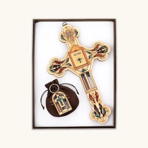 KARMA AND LUCK Ultimate Believer – Mehrstein-Heilkristalle, Kreuz, Heilwasser, Bibelsymbole, Schutz, Holzwand, Segen, Plakette, bringen Sie ruhigen Frieden, mehrfarbig, 27,9 cm Höhe