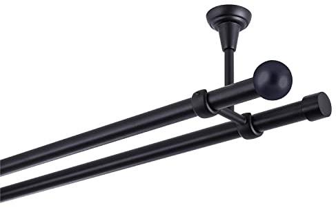Bastone per tende nero, 480 cm, 2 binari, 19 mm, in metallo, fissaggio a soffitto, sfera