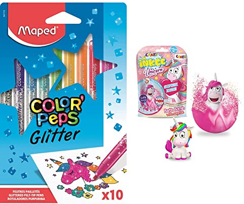 Maped - Glitzer-Filzstifte COLOR'PEPS GLITTER - 10 Stück - hervorragende Deckkraft & CRAZE Spaßbad Einhorn INKEE Magische Duft Badekugel mit Überraschung Unicorn Einhornfigur 18378, bunt