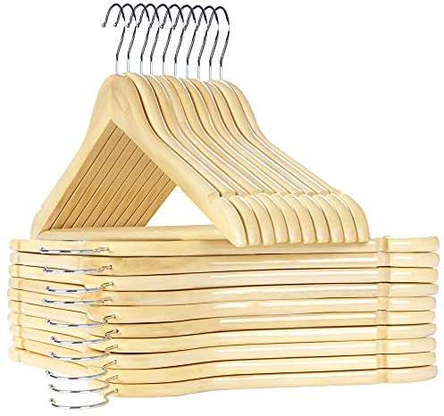 Homewit Kleiderbügel Holz 20 Stück Holzbügel Natur mit Rockkerben und Hosensteg, um 360° drehbarer Haken, rutschfest Holzkleiderbügel für Hemd, Anzug, Hosen 44,5L X 23 B cm