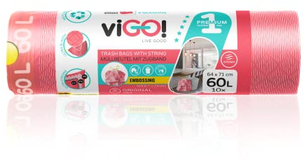 viGO! - Müllbeutel I mit Zugband I 1 Rolle I 60 Liter x 10 Stück I LD Müllsäcke I 3-Schicht-Prägefolie I Zugfest und Reißfest I Dauerhaft I 4 Seasons Original