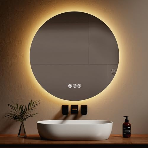 EMKE Badspiegel mit Beleuchtung Rund 80cm mit 3 Lichtfarbe Dimmbar, Antibeschlag, Touchschalter, Speicherfunktion, Energiesparend Badezimmerspiegel