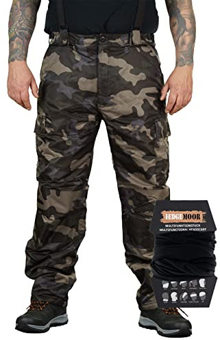 Hedgemoor Herren Regenhose mit Hosenträgern Thermohose Schneehose Outdoor Hose inkl. MF Tuch, Camo, Größe L