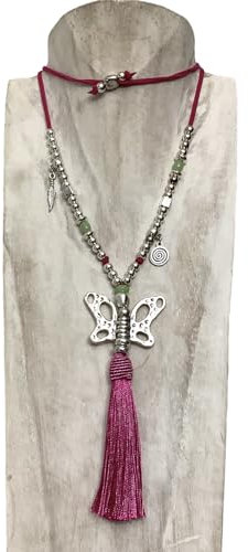 Anhur Collar Colgante Mariposa fucsia y verde. Collar Mujer Largo Adaptable a Caulquier Medida en Zamak Color Plata. Borlón Hilo de Seda Fucsia