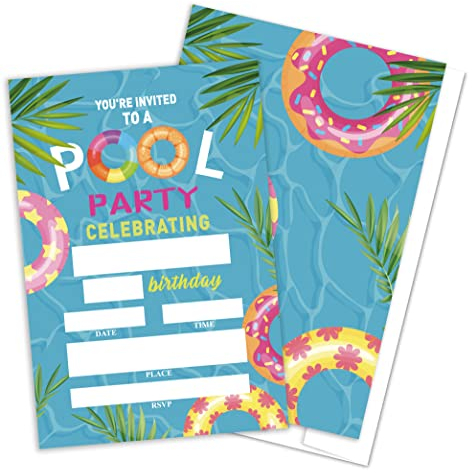 QOFO YQC10 Einladungskarten für Schwimmbad-Partys, Geburtstag, mit Umschlägen, Sommerveranstaltung, Jungen, Mädchen, Party-Dekorationen und Zubehör, 20 Stück