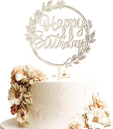 SYKYCTCY 1 Pack Happy Birthday Cake Topper Wooden Leaves Wreath Birthday Cake Pick Decoration for Celebrating Happy Birthday Party Cake Decorations Supplies