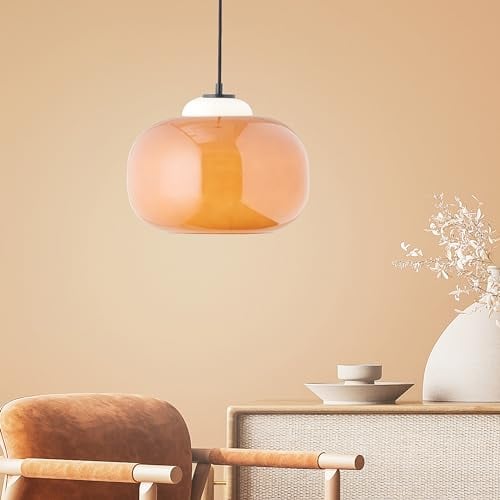 Lightbox Vintage Hängelampe mit orangem Glas-Schirm | max. 1,29 m Höhe, Ø 30 cm | höhenverstellbare Pendelleuchte mit kürzbarem Kabel | E27 Fassung | Esszimmer | aus Glas/Metall
