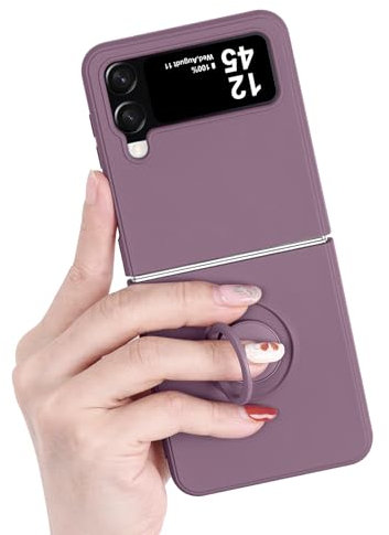 Pepmune Cover per Samsung Galaxy Z Flip 4 5G Custodia con 360° Regolabile Anello Supporto Magnetico Ultra Sottile Antiurto Silicone Liquido Protettiva Cover per Samsung Galaxy Z Flip 4 5G Viola