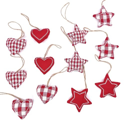 12x Mini Stoffanhänger in Herz und Stern Form, Bunte Textil Herzen und Sterne zum Hängen ca. 6 cm, Baumschmuck Geschenkanhänger Dekohänger in Rot/Weiß