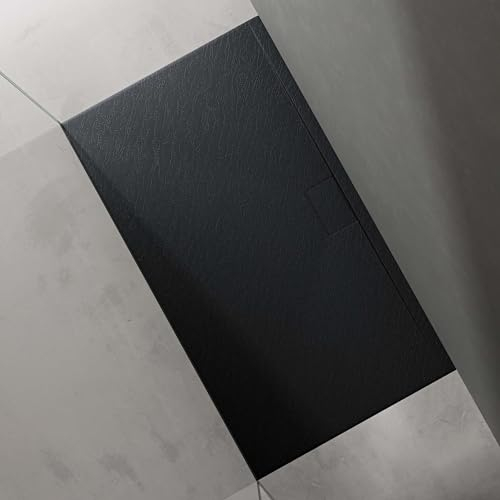 doporro Receveur de Douche 90x160x3 cm Bac à Douche Ultra Plat en Solid Surface Gris Noir Mat Geoma07 avec Bonde AL06