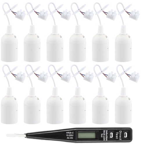 Jinlaili 12 PCS Douille de Lampe E27, Support d'ampoule E27 rénovation Douille, Douille de rénovation, Tension VDE/testeur de Phase, Base de Lumière Douille de Suspension, Douille de Chantier (Blanc)