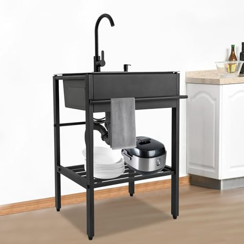 Freistehendes Waschbecken Spülbecken Edelstahl 1 Becken 60 x 45 x 86cm Spültisch mit Kalt- und Heißwasserhahn, Abtropfkorb und Ablassvorrichtung, für Küche, Spüle, Werkstatt, Bauernhaus, Schwarz