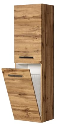 Quentis Badschrank, Hochschrank, Eiche Natur, B 40 x H 143 x T 32 cm, wandhängend, vormontiert. Passend zu den Badmöbeln der Serien Genua, Susan & ZENO (inkl. Wäschkorb)