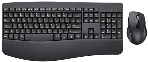 Tastatur Maus Set Ergonomisch, 2.4GHz Kabellose Tastatur und Maus, seenda Fullsize Funktastatur mit Handgelenkauflage und Nummernblock, DE QWERTZ Layout, Wireless Combo für Windows PC, Laptop, Schwarz