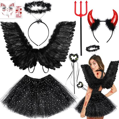 iZoeL Teufel Kostüm schwarz Engel kostüm Damen Mädchen, Engelsflügel Tutu Rock Teufelshörner Engel Haarreif Heugabel Zauberstab, Damen Mädchen kostüme Karneval Cosplay Halloween Fasching Kostüm