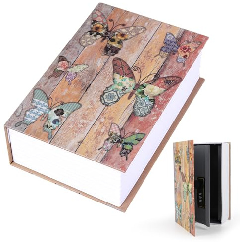 DAJASD Buchsafe mit Zahlenschloss, 24 x 15,5 x 5,5cm Buchsafe Tresor, Buchtresor für Geld Schmuck Wertvolle Objekte Büro/Hause - Schmetterling