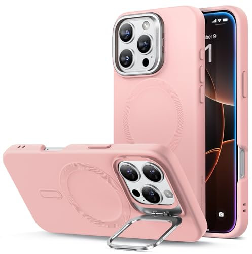 ESR for iPhone 16 Pro Case, Silicone Case with Stand, Compatible with MagSafe, Military-Grade Protection, Built-In Camera Stash Stand, Magnetic Phone Case for iPhone 16 Pro, Cloud Series, Pink