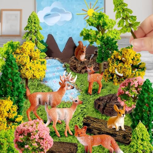 Warmtree 68 Stück gemischte Modellbäume, Waldtiere, Figuren, Miniatur-Stümpfe, Ho-Skala, Kunststoffbäume für Projekte, 3–10 cm, für Diorama-Zubehör, Mikrozug, Landschaft, Eisenbahn, Sandtisch