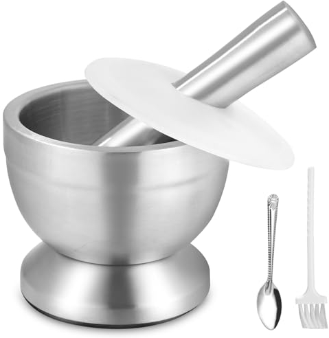 304 Mortier Pilon Cuisine avec Pinceau, Cuillère et Couvercle en Silicone, Moulin à épices de Qualité Supérieure, Broyeur et bol à Herbes, Parfait pour le Broyage, Le Mélange et le Stockage