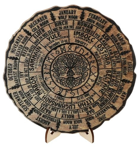STOBOK Wheel Of The Year Wood Sign Tree of Life Wooden Calendar Sabbats Pagan Witches Runes Wood Engraved Board Halloween Witch Sign Desk Decor