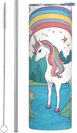 XZDCAL Unicorns by the river - Vaso recto de acero inoxidable de 20 onzas con tapa sellada y pajilla