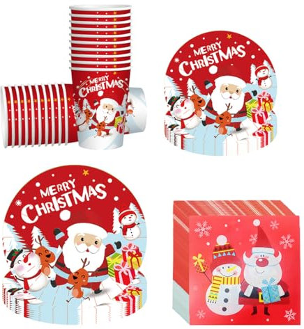 ZPSOSPZ Christmas Party Tableware, Santa & Snowman Design, Red, Includes Plates, Napkins, Paper Cups for 20 Guests, 80 Pieces